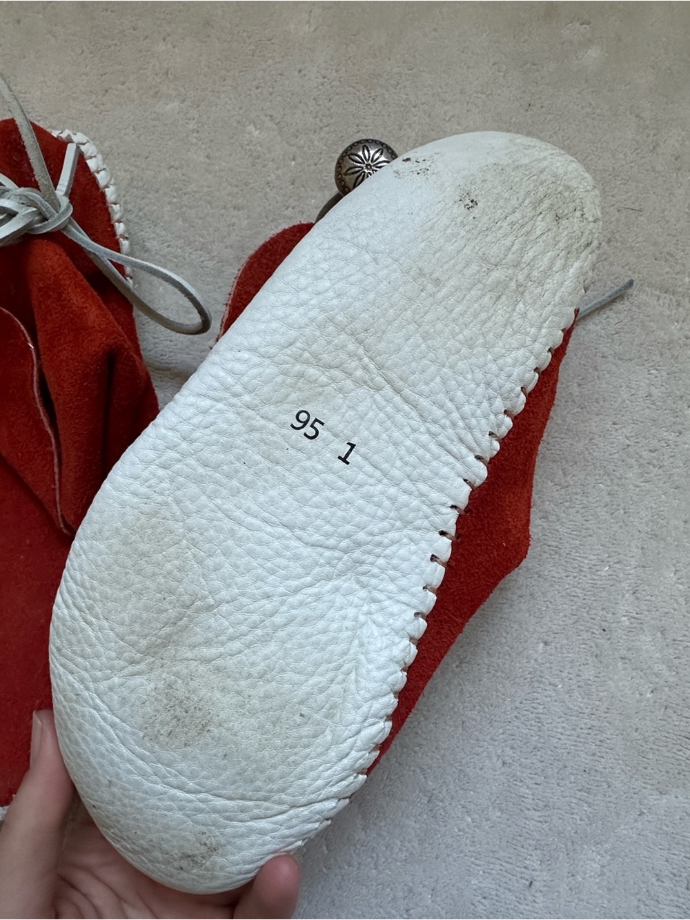 Rust Red Suede Moccasin Flats with White Lacing - Picture 4 of 13